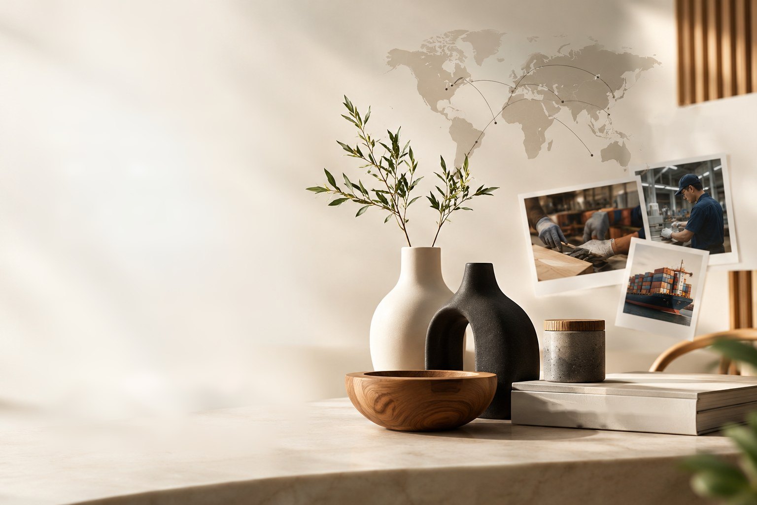 Vases, a wooden bowl and factory photos beneath a world map
