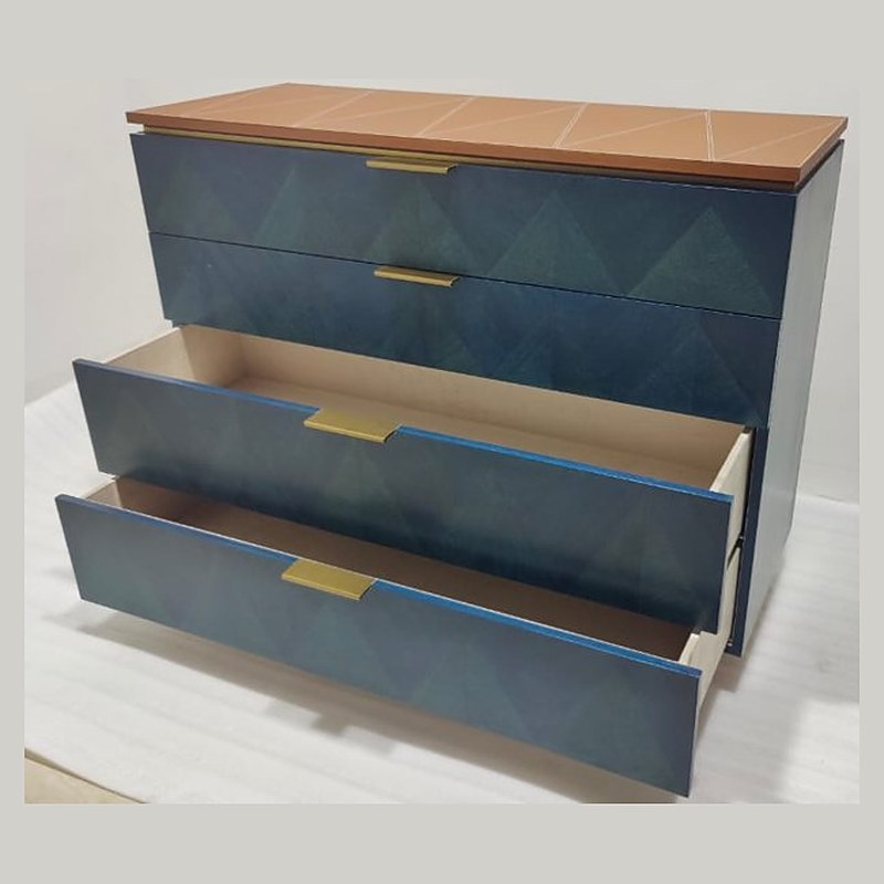 Blue veneer marquetry chest of drawers