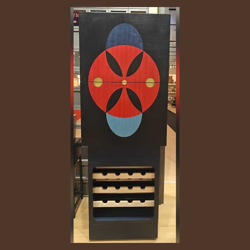 Wine cabinet with red and blue inlay