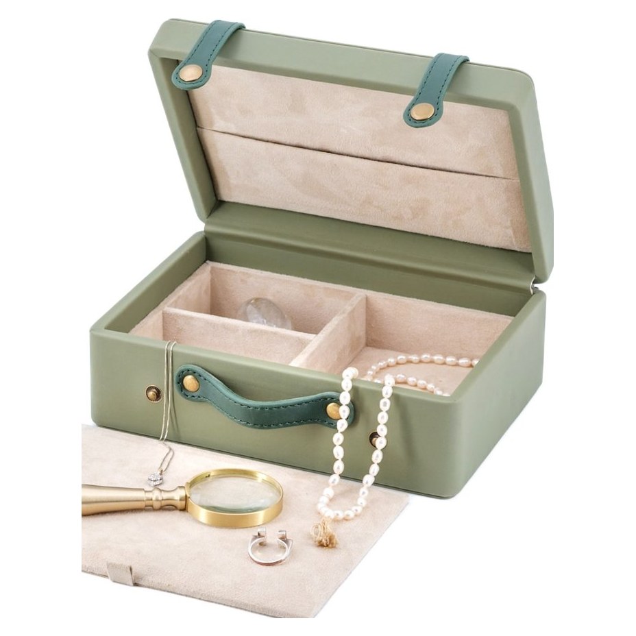 Sage leather jewellery case with strap handle