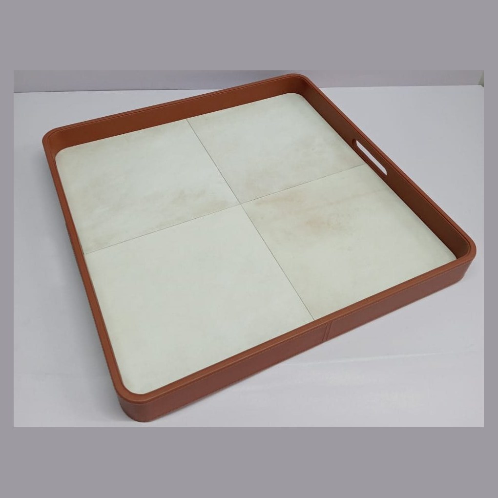 Square tan leather tray with cream inlay