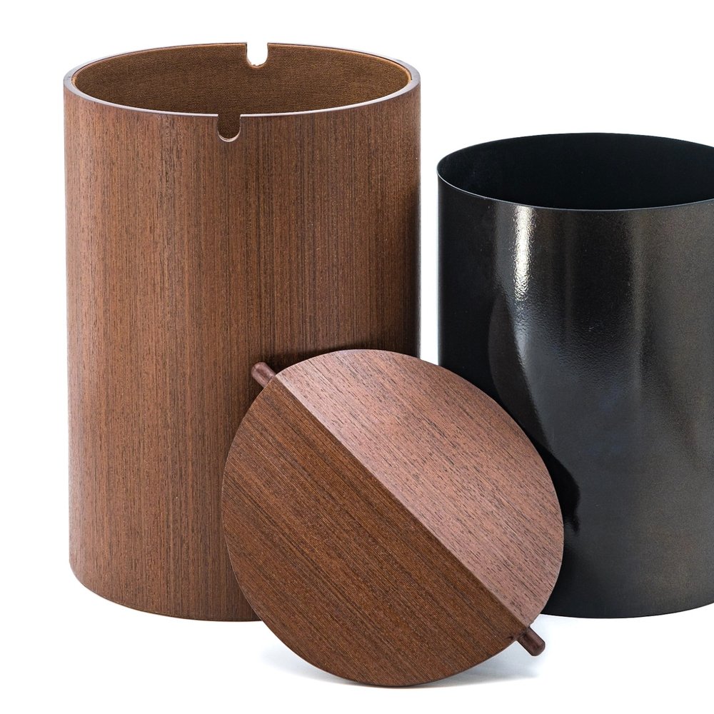 Walnut bin with split lid and black liner