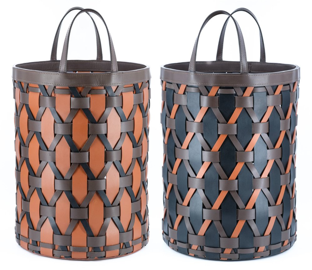 Woven leather baskets with handles
