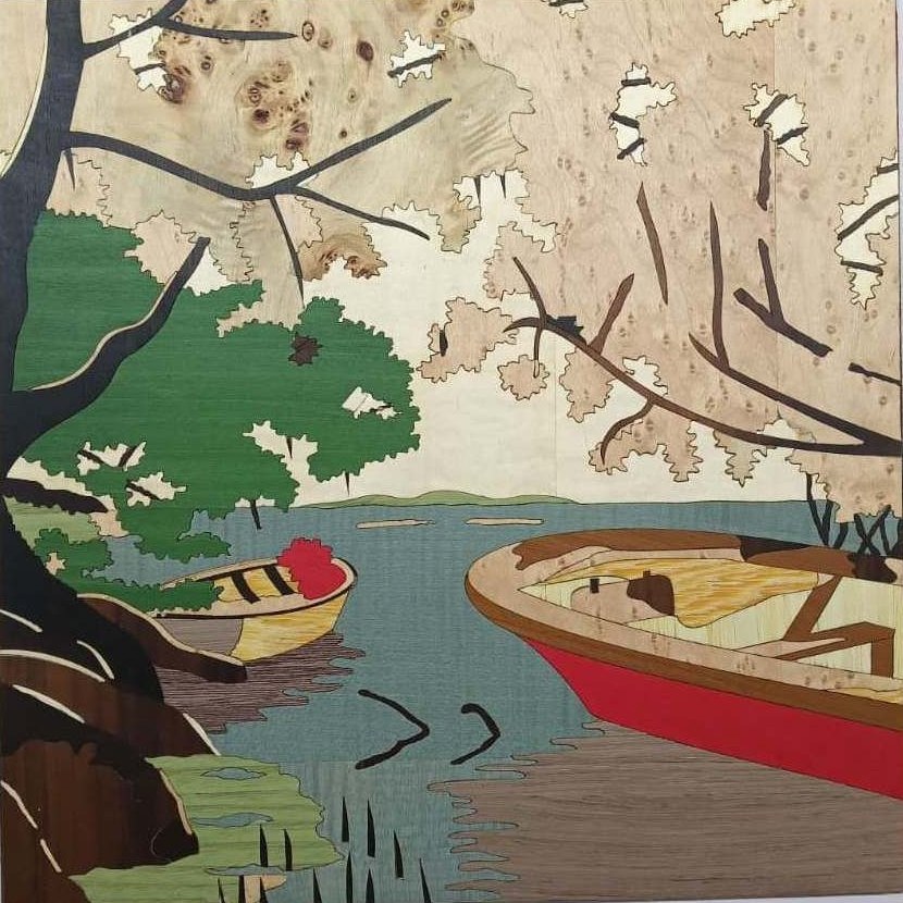 Lake and boats marquetry picture