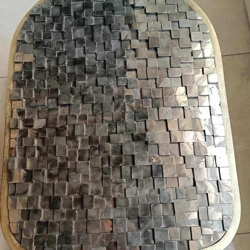 Stone mosaic tray with brass rim