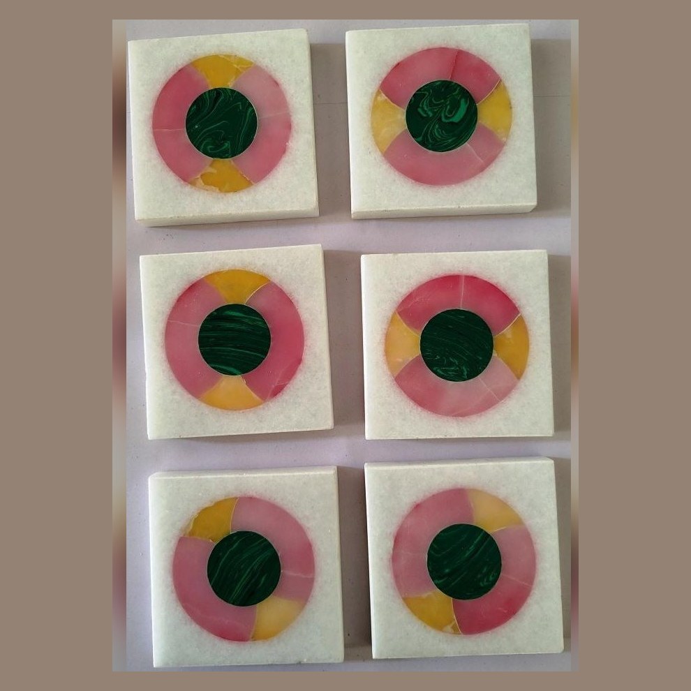 Marble coasters with malachite and rose quartz inlay