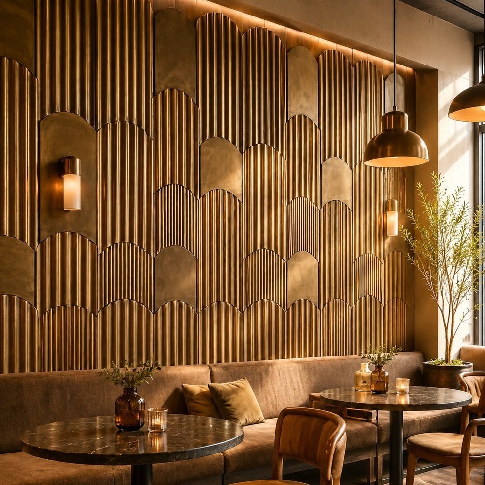 Fluted brass arch wall panels