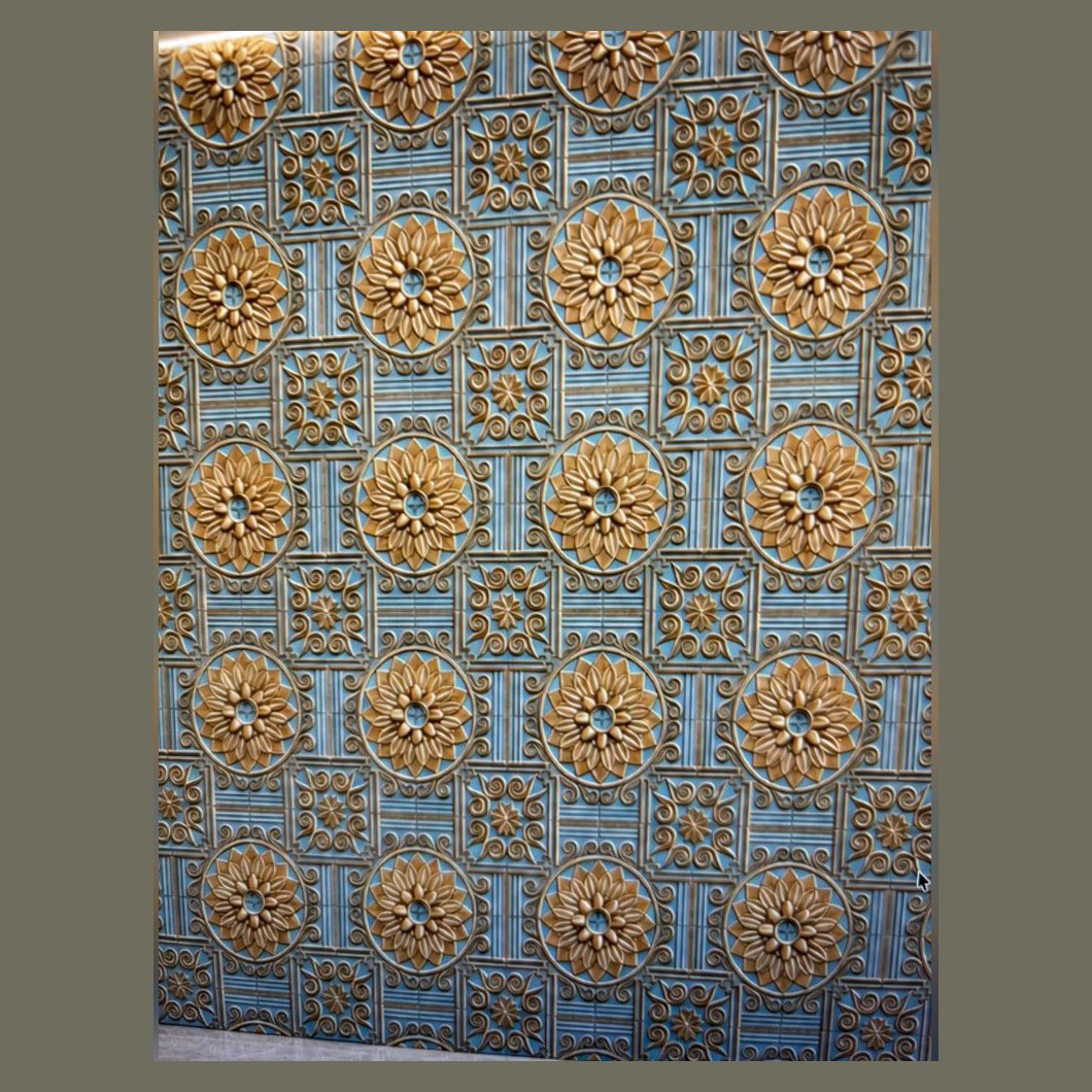 Gold rosette tiles on blue patina