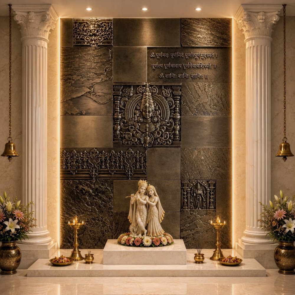 Metal relief pooja wall with carved panels