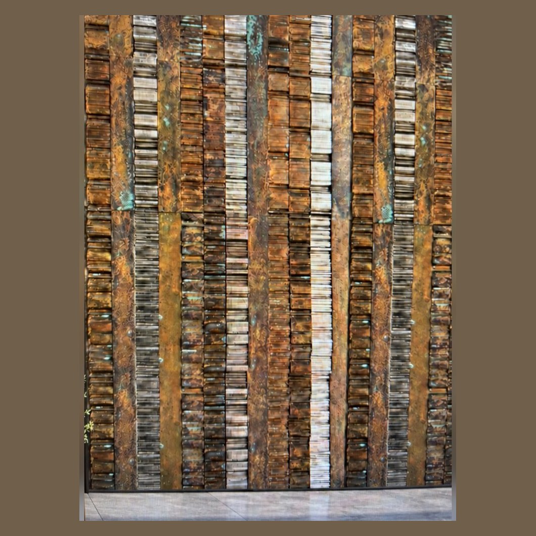 Rust and patina strip mosaic wall