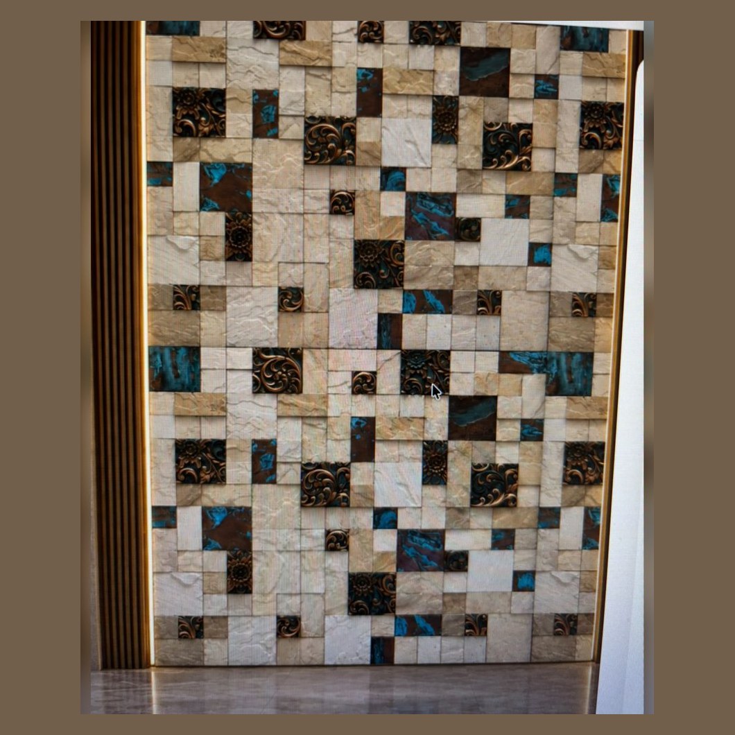 Stone and patina metal mosaic wall