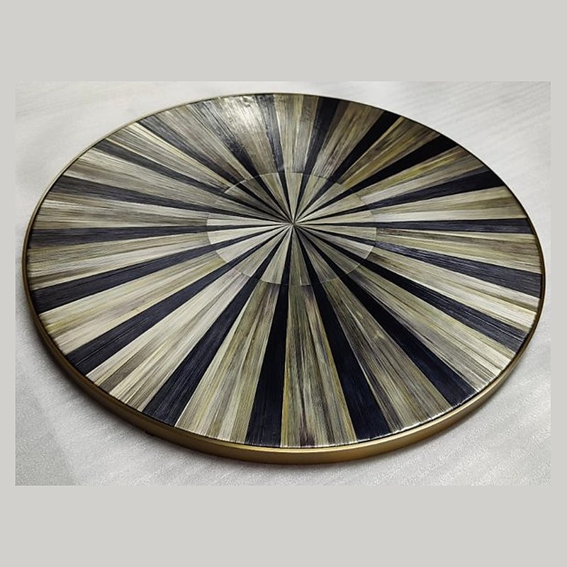 Straw sunburst table top, grey and black