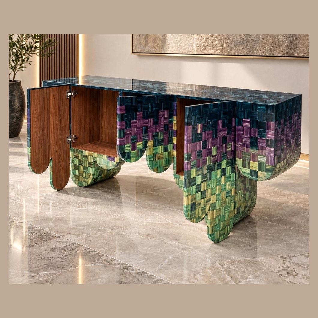 Gradient straw sideboard, open