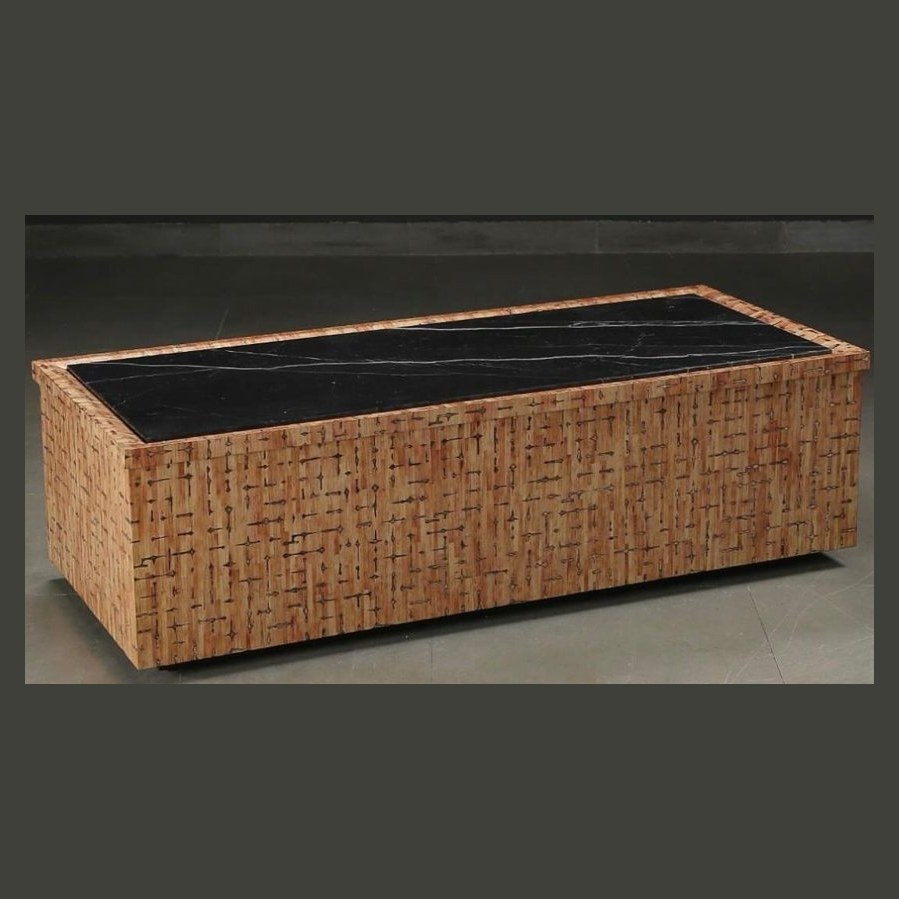Straw coffee table with marble top