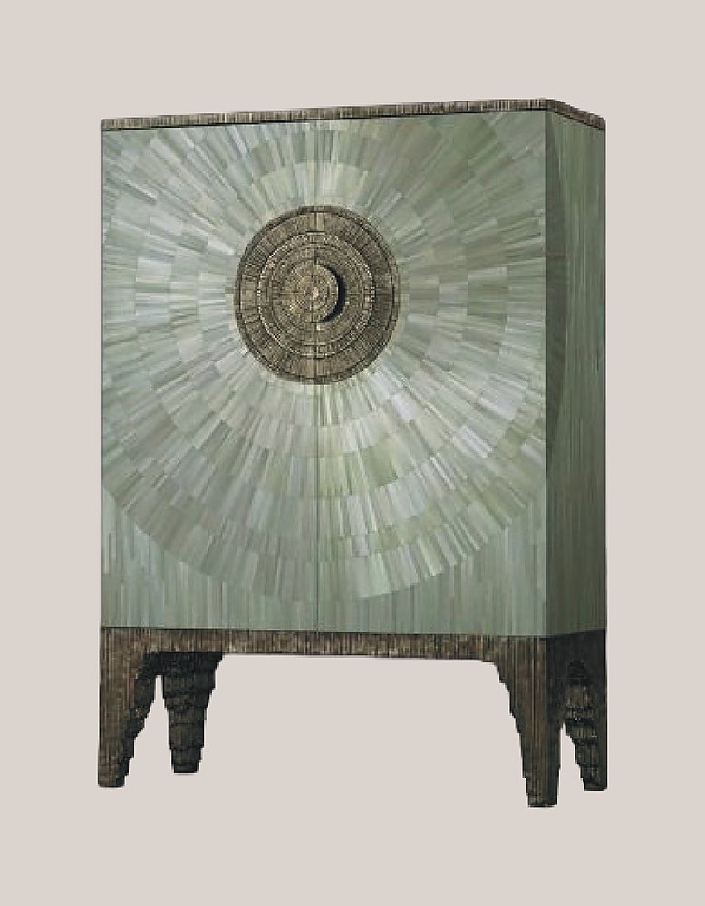 Sage straw cabinet with bronze medallion