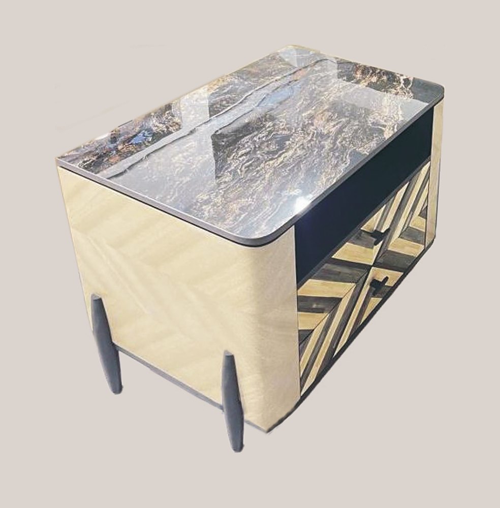 Ivory straw nightstand with marble top