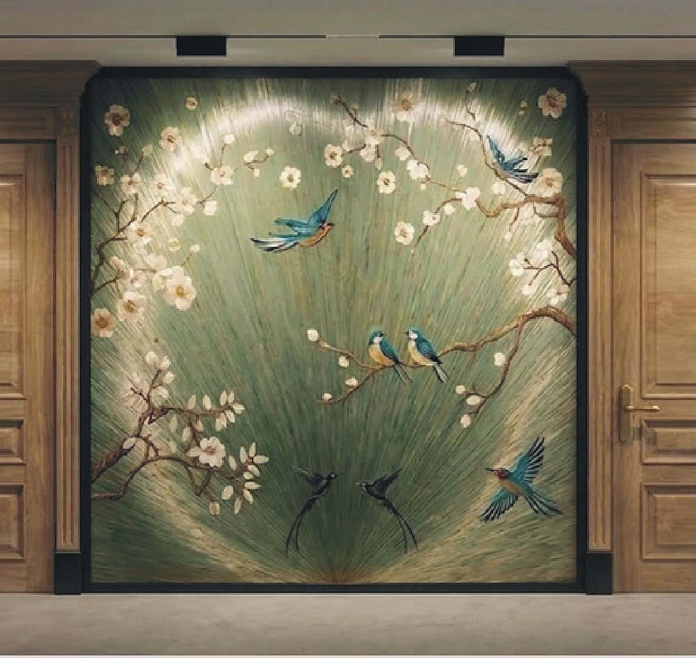Blossom and birds straw marquetry panel