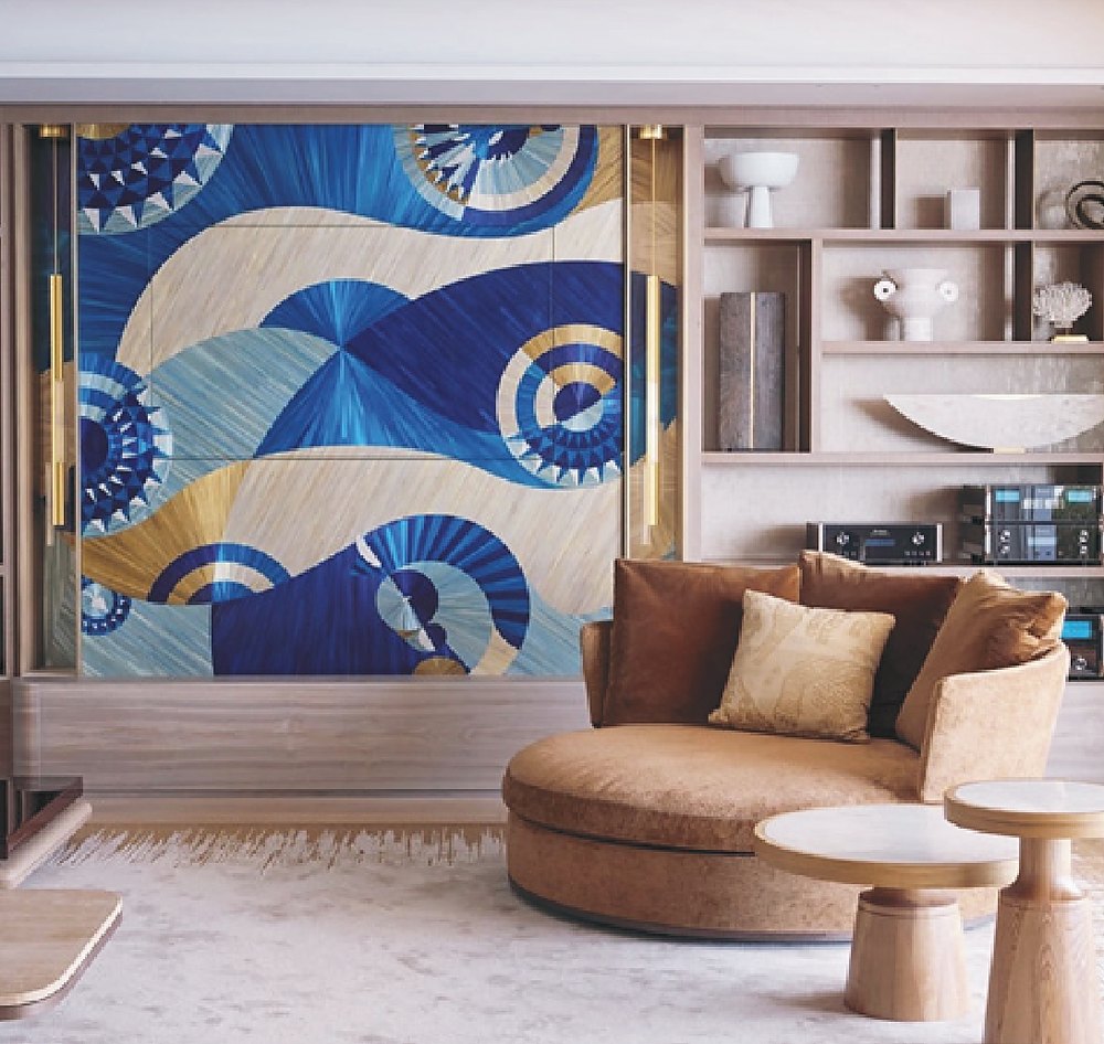 Blue fan straw marquetry wall