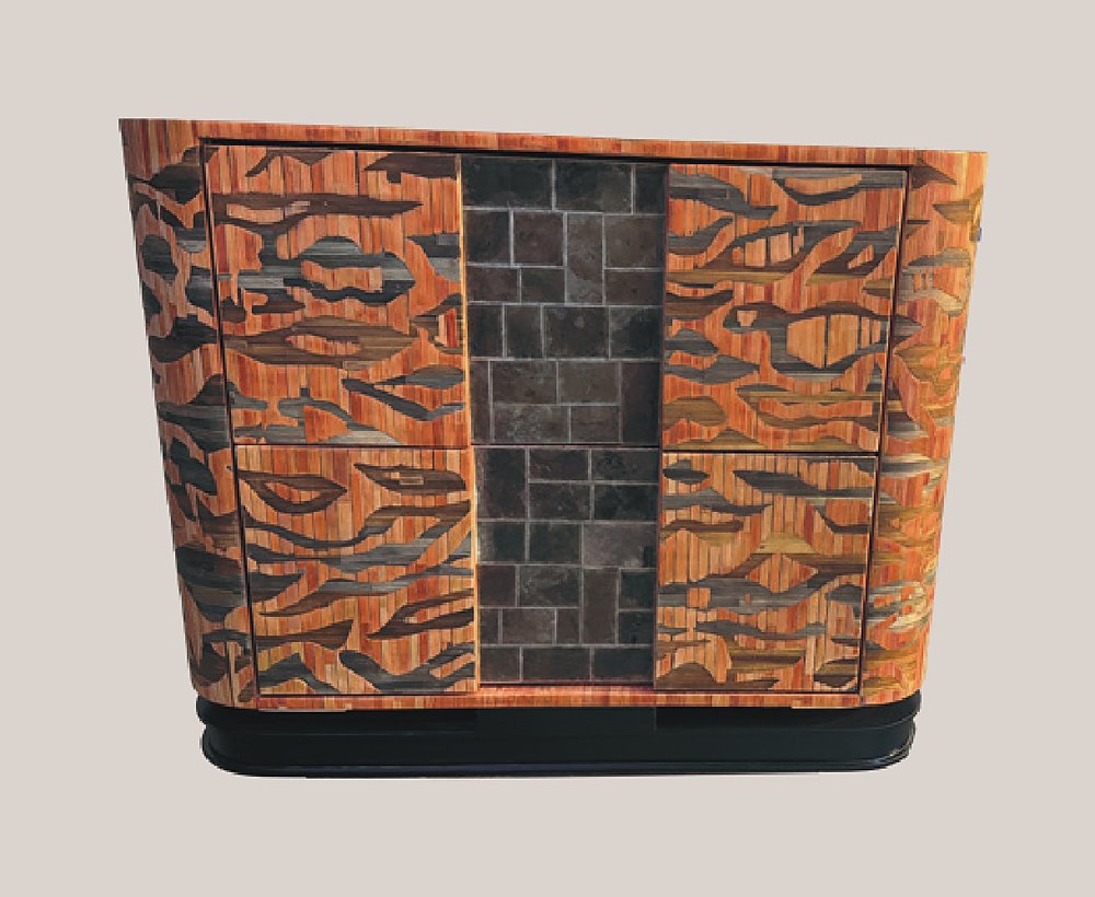 Orange and black curved straw sideboard