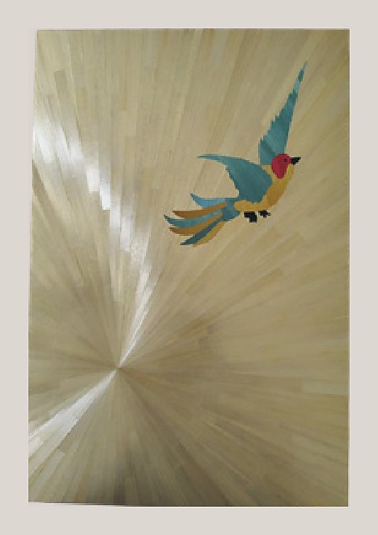 Hummingbird on silver sunburst straw panel