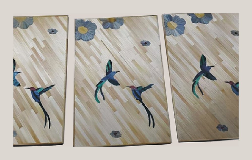 Blue birds straw marquetry panel set