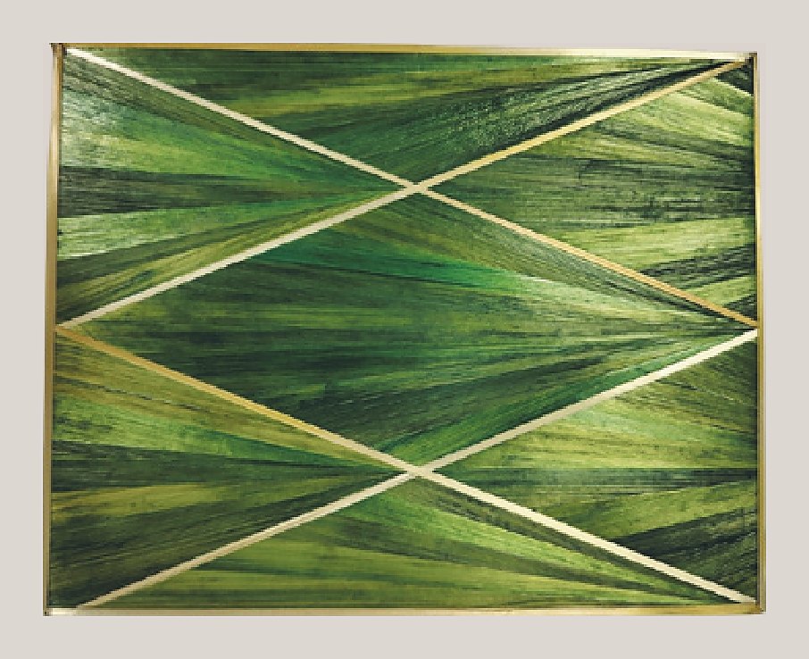 Lime harlequin straw panel with brass lines
