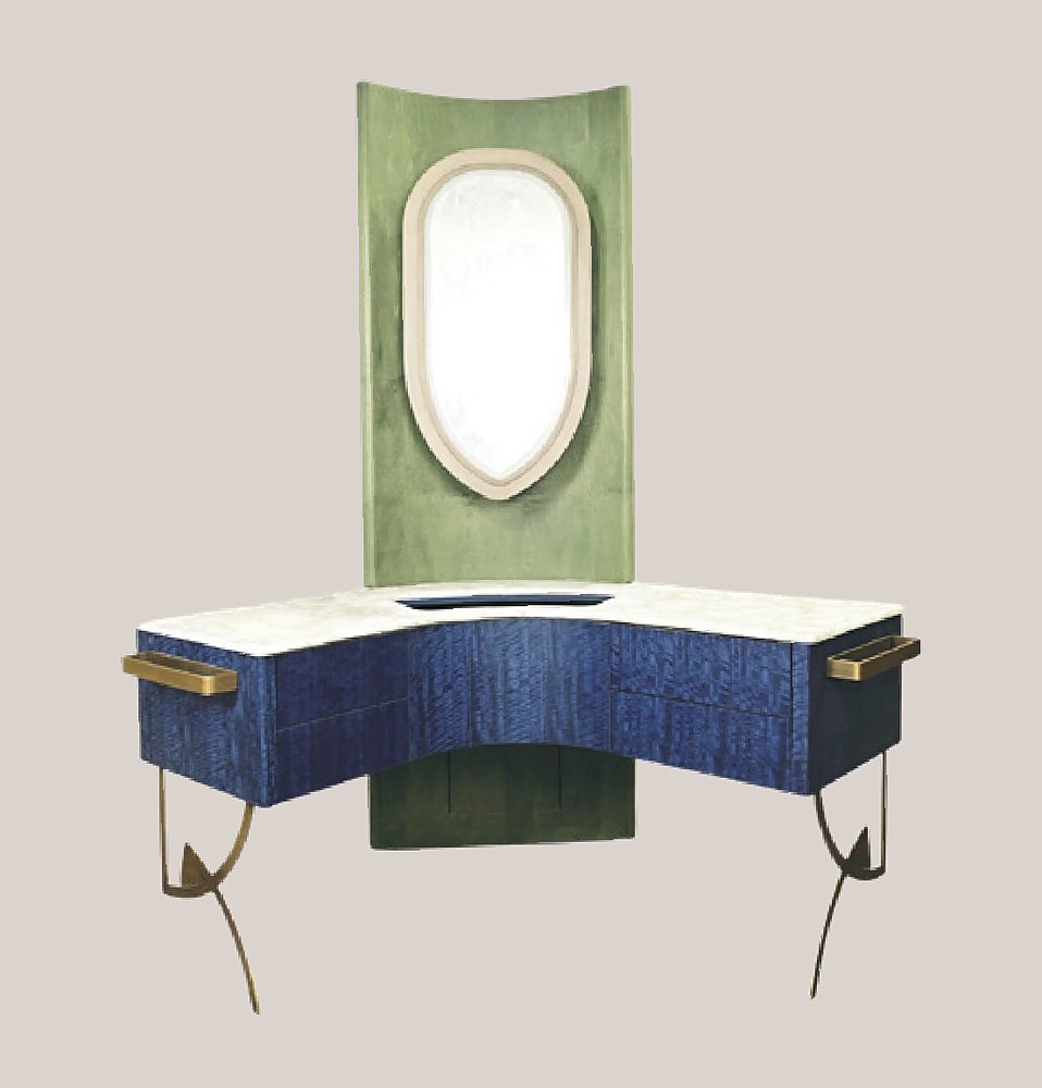 Blue straw vanity desk with mirror